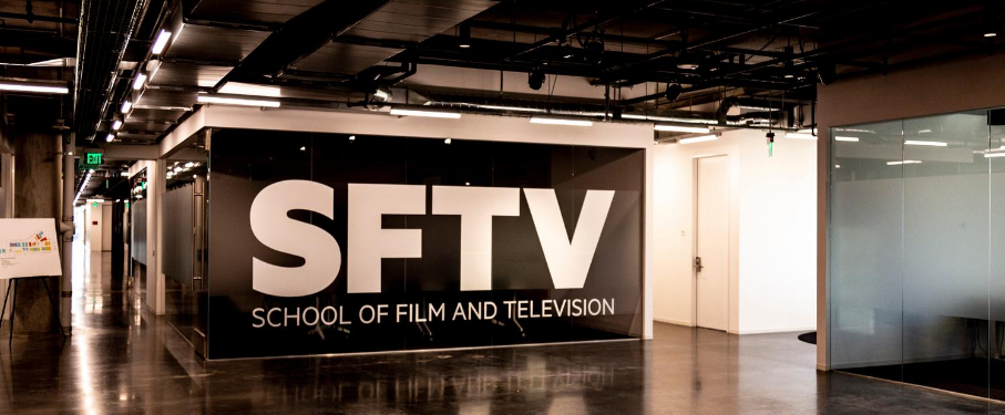 White SFTV logo on black background at LMU Playa Vista Campus